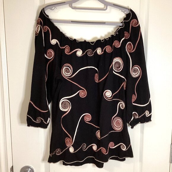 Lauren Michelle Women's Black Embroidery Top Blouse Off-The-Shoulder 3/4 Sleeve - Picture 5 of 6